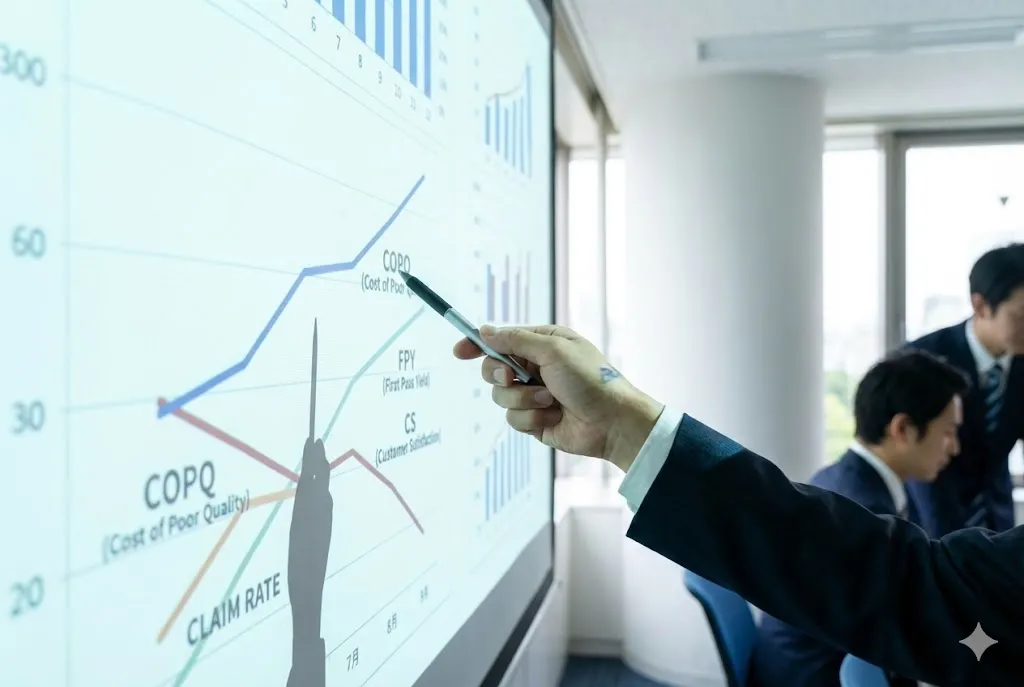 KPIデータのグラフを指し示すビジネスミーティングの様子
