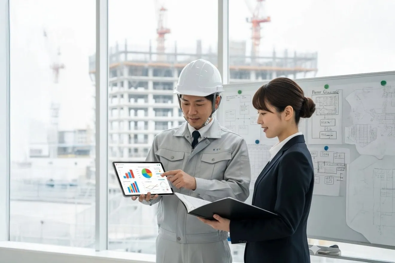 原価管理システムのタブレット画面を見ながらプロジェクトの収支状況を確認・議論する現場担当者と経理担当者