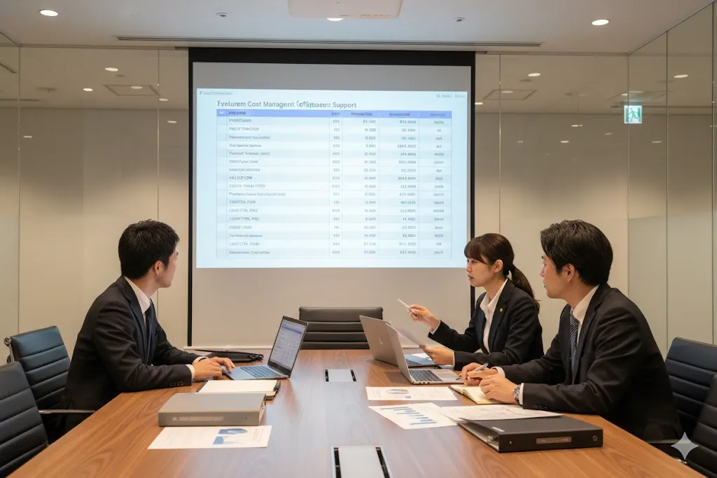 自社に最適な原価管理ソフトを選定するために機能やコストを比較検討する導入プロジェクトチーム
