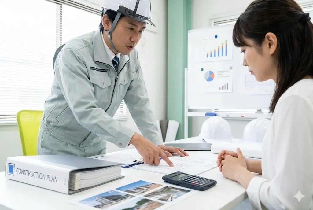 施工計画の変更について図面と現場写真を見ながら協議する現場監督と発注者