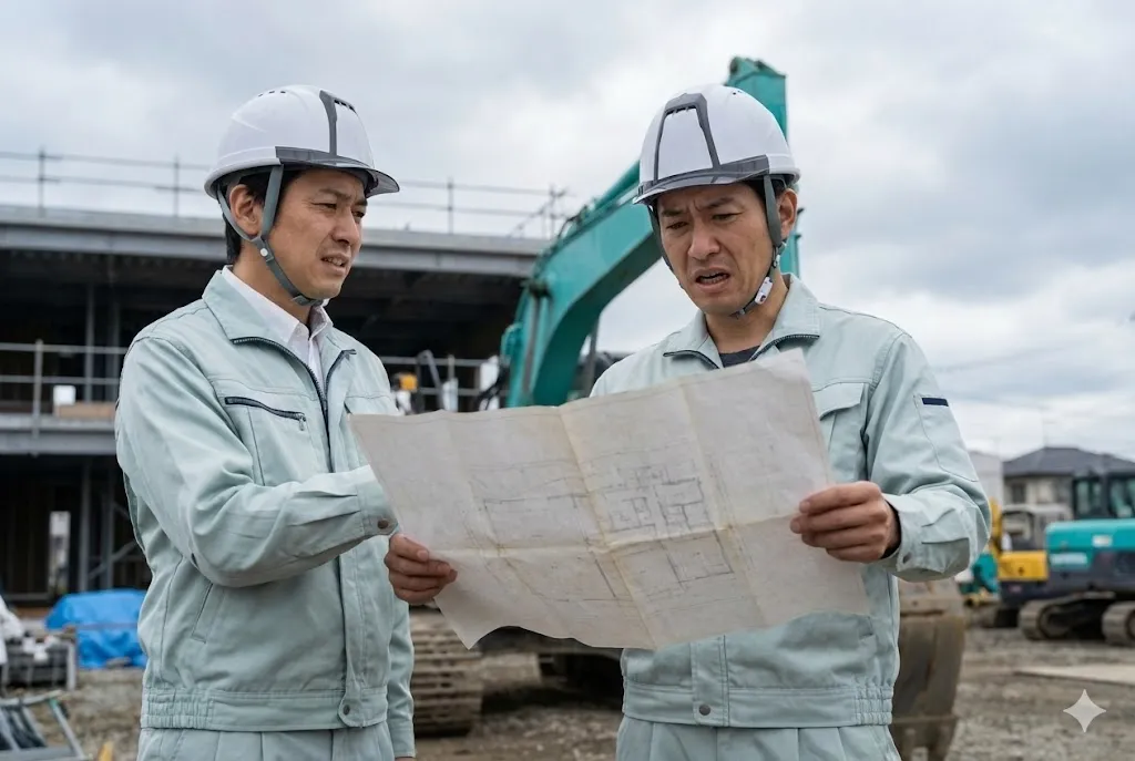 図面と現場の状況が合わず作業に困惑する建設作業員