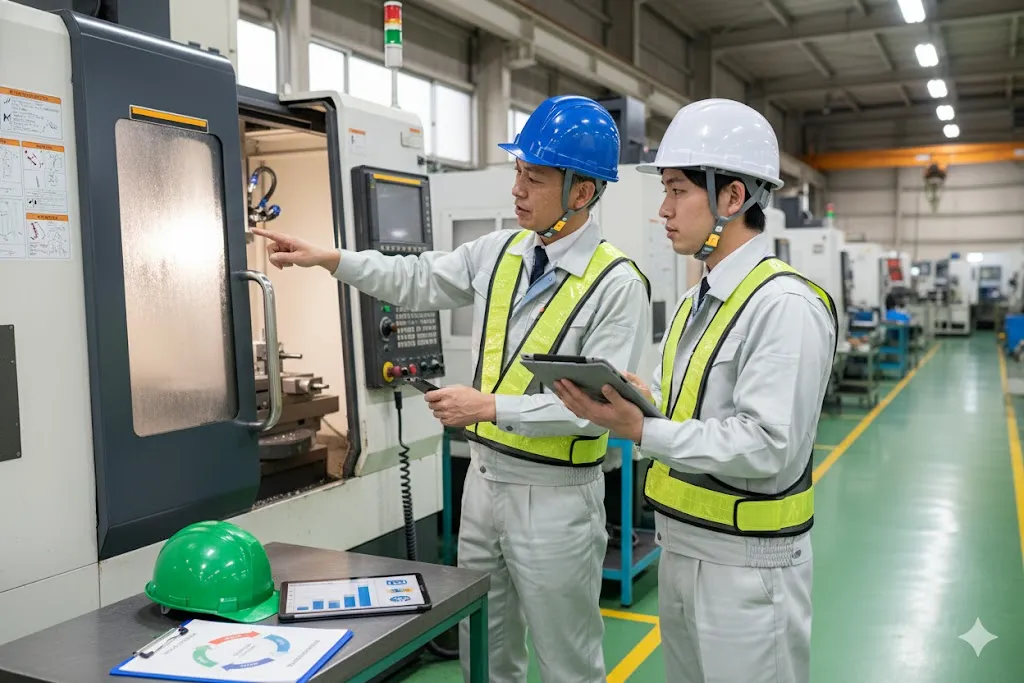 工場内で機械の危険箇所について指摘し、リスクアセスメントを行う安全管理担当者