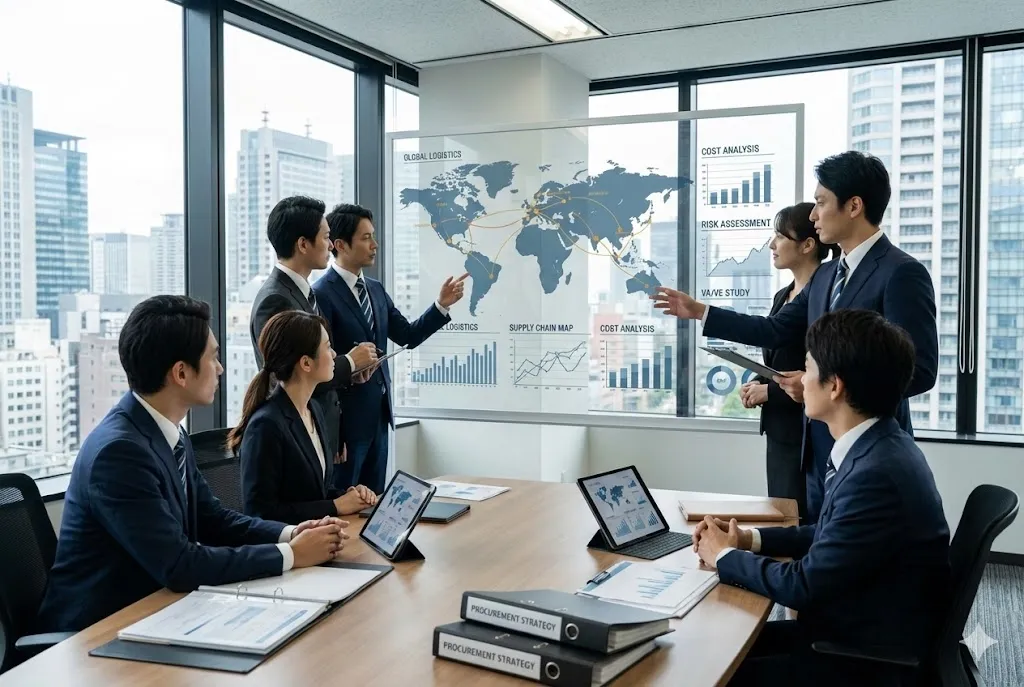 世界地図を見ながらグローバルな物流ルートと調達戦略について議論するビジネスチーム