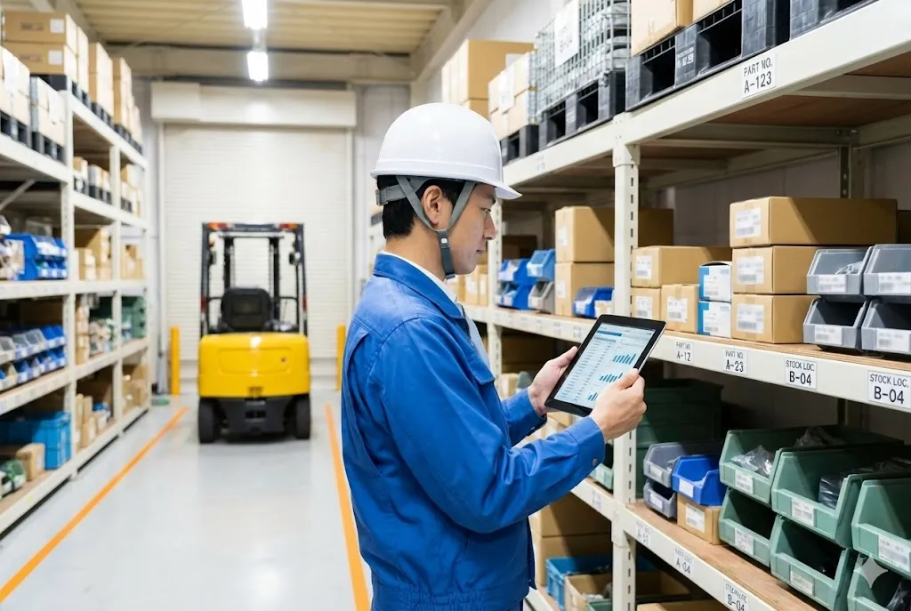 タブレットを使って工場内の資材在庫と調達状況を確認する現場管理者