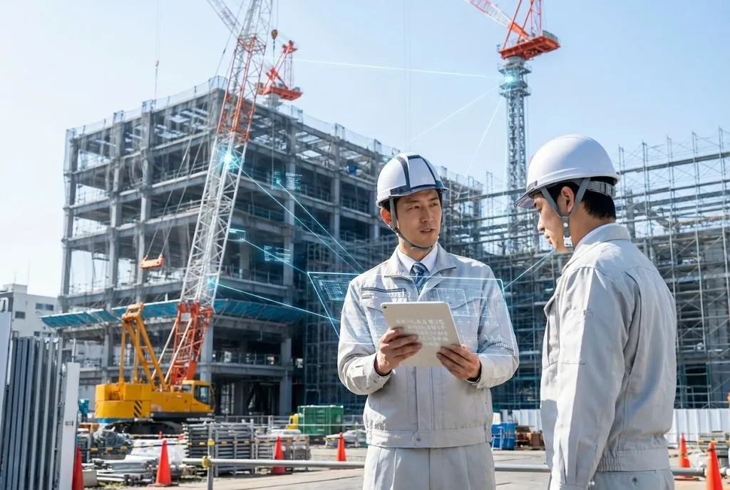 タブレットを活用して現場管理を行う建設技術者と作業員