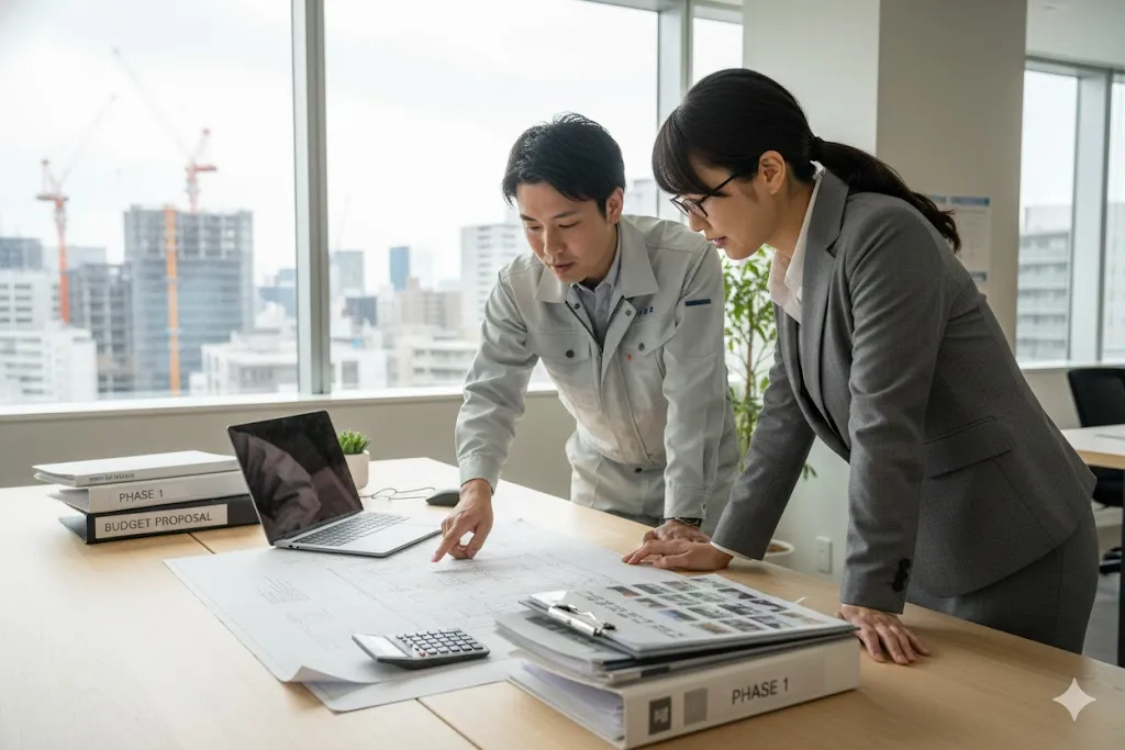 補助金の申請に向けて事業計画書や必要書類を確認し合う建設業の担当者と専門家