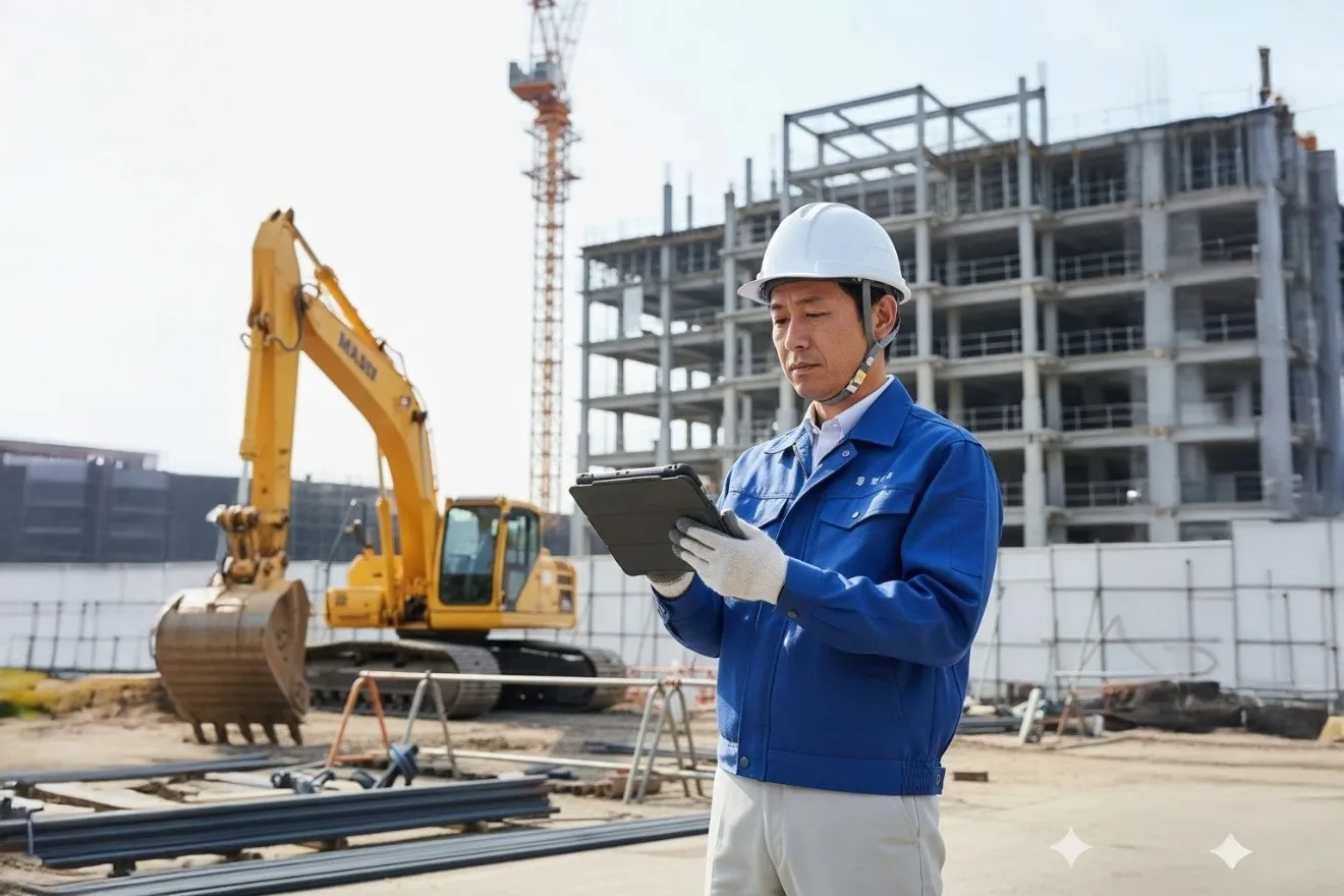 建設現場でタブレット端末を操作し業務効率化を図る現場監督