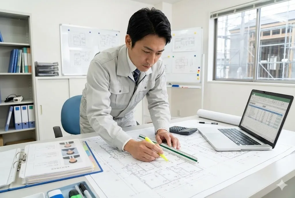 電気設備図面を確認しながら積算の拾い出し作業を行う技術者