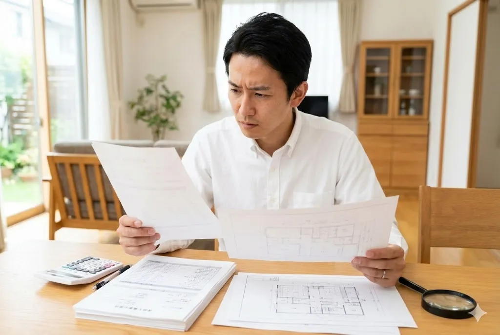 工事見積書と図面を照らし合わせてチェックしている様子