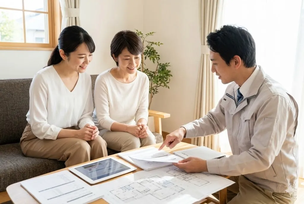 建設業者から見積もりの内容について説明を受けている様子