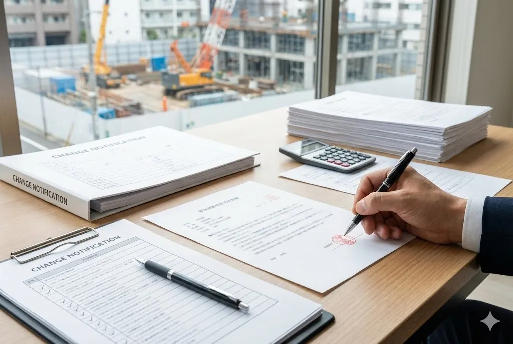 建設業許可の変更届出に必要な書類と事務用品のイメージ