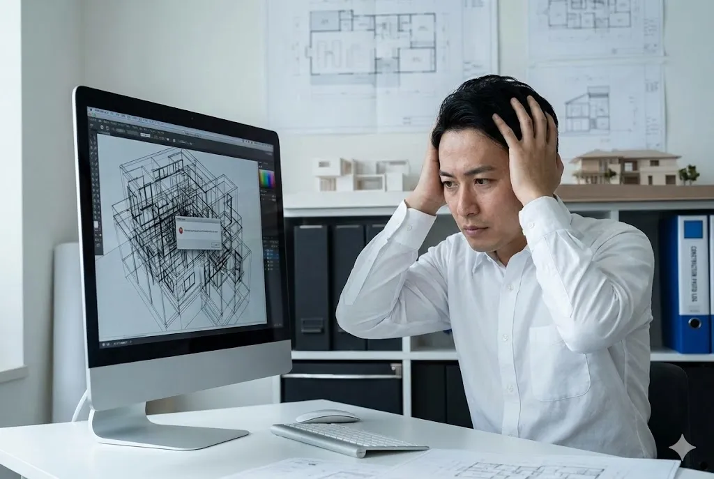 デスクトップPCでBIMソフトウェアを使用して3D建築モデルを設計している建築士の様子