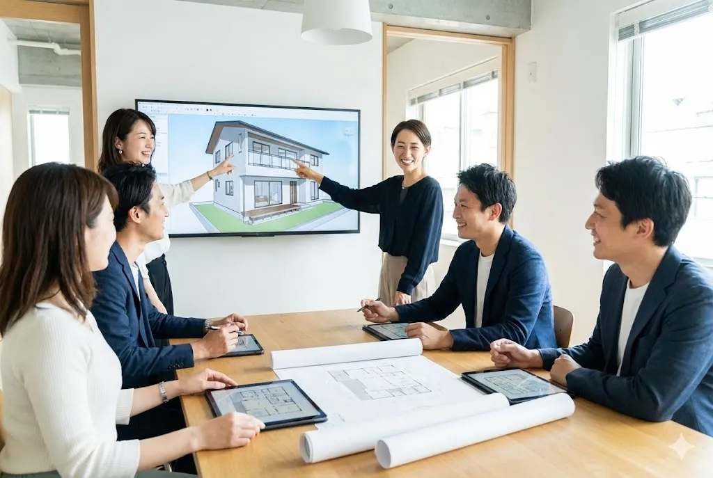 大型モニターでBIMモデルを確認しながら導入計画を議論する設計事務所のチーム
