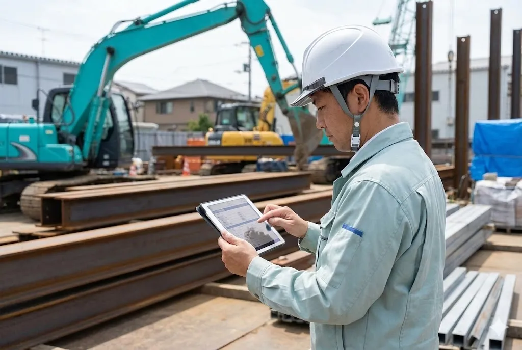 建設現場でタブレットを用いて技術の活用データを入力する現場監督の様子