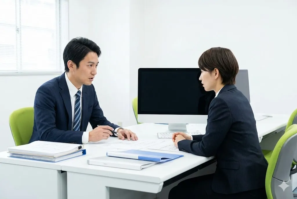 オフィスでNETIS更新申請の書類内容について打ち合わせを行う技術担当者たち