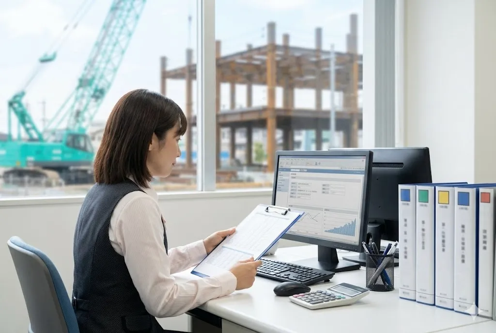 パソコンでCCUSの更新手続きを行う事務担当者