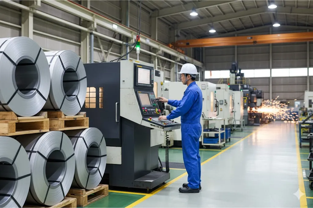 製造工場内で原材料、作業員、機械が稼働している様子