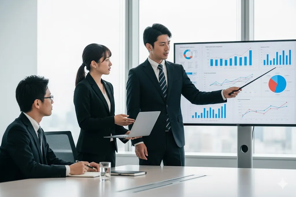 オフィスの会議で、モニターのデータを見ながら議論するビジネスパーソン