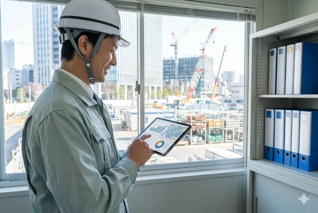 タブレット端末を活用してスマートに原価管理を行う建設現場の監督