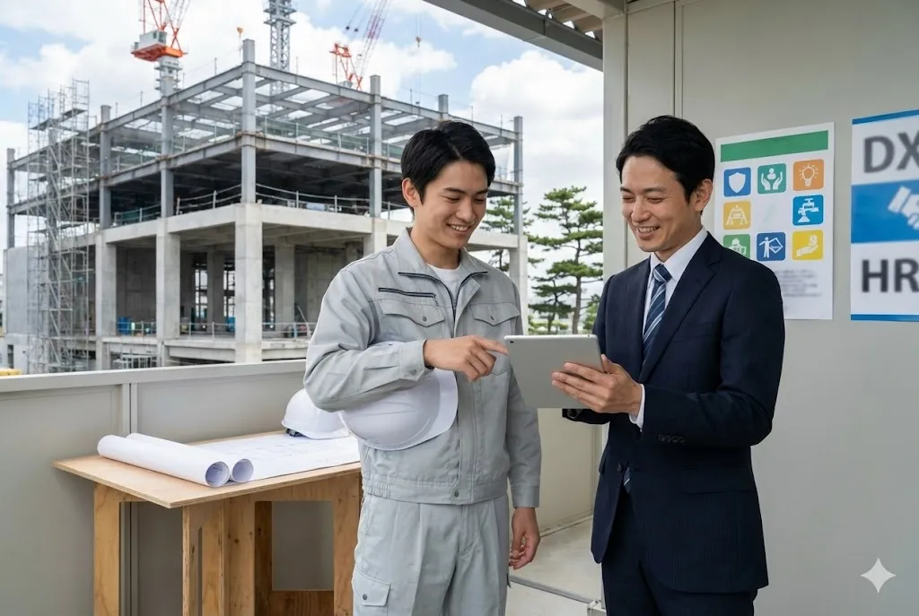 建設現場でタブレットを見ながら若手社員と面談を行い、悩みを聞き取る人事担当者