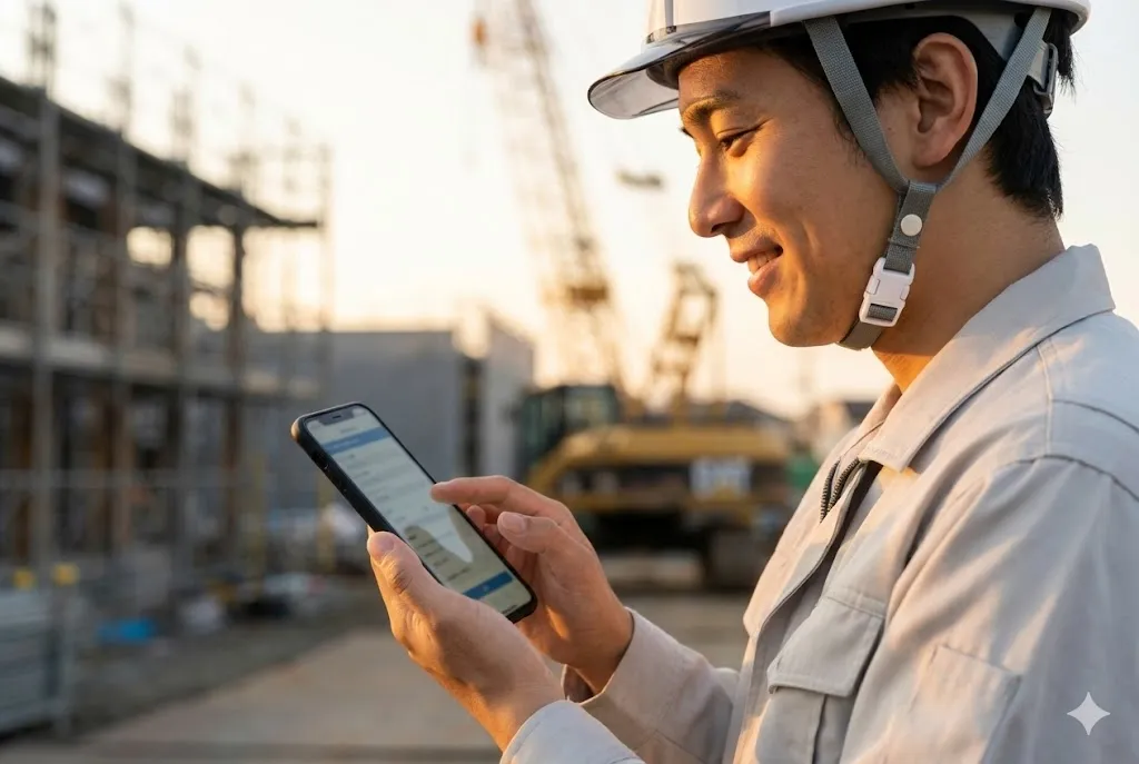 スマートフォンで日報入力を行い直行直帰する現場監督の様子