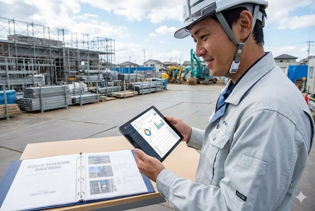 タブレット端末で現場の労務データを確認する作業着姿の現場監督