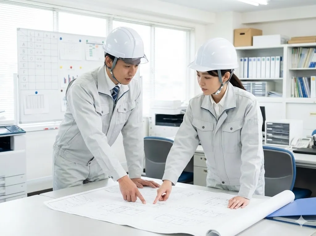 建設現場の事務所で図面を確認し打ち合わせを行う施工管理技士