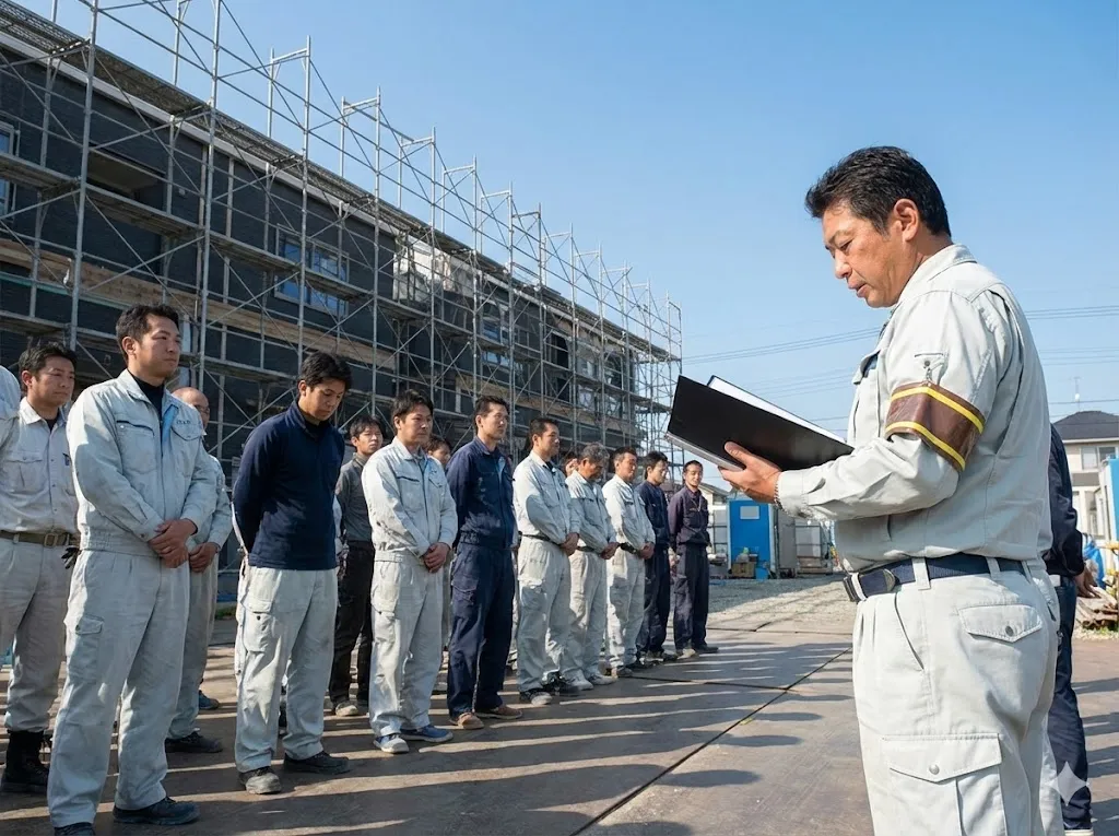 建設現場の朝礼広場で作業員に指示を出す現場代理人