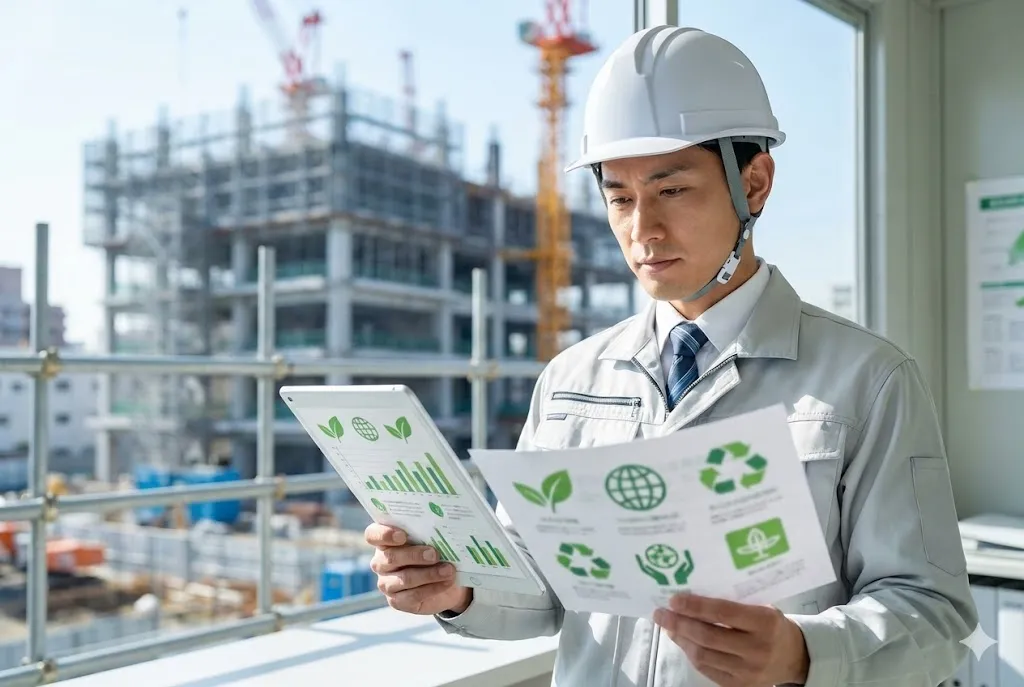 建設現場にて環境配慮型資材の資料を確認する現場監督