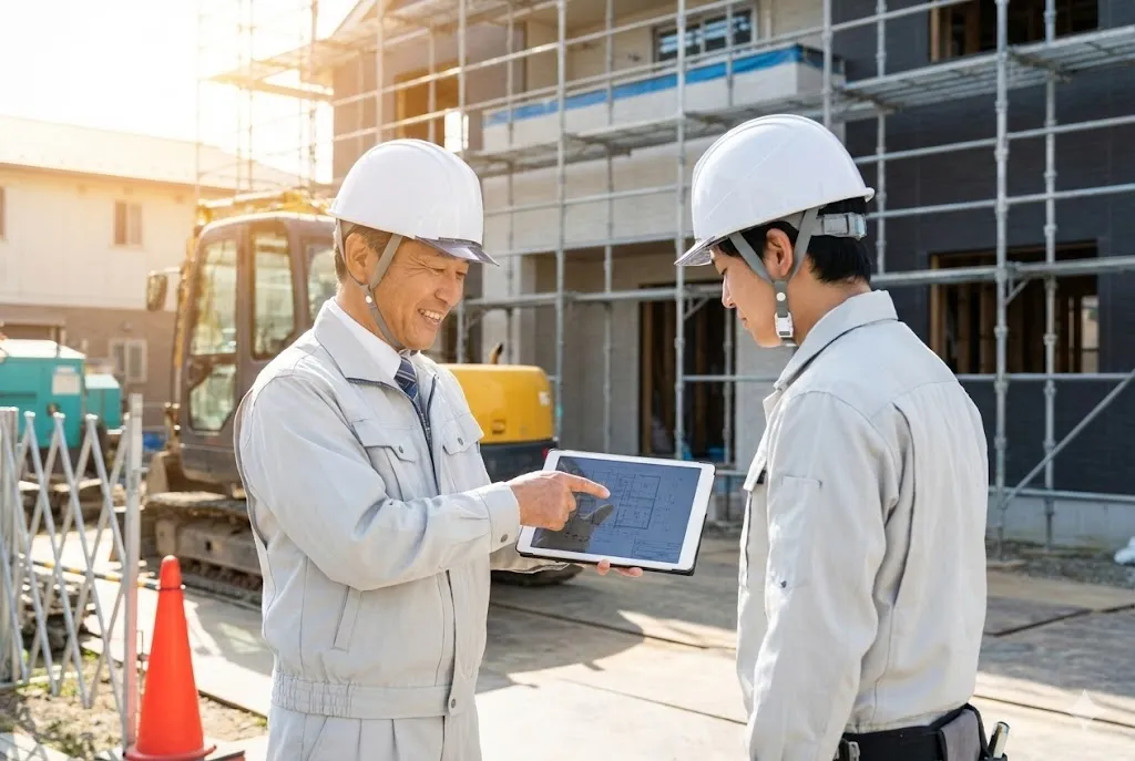 建設現場でベテラン職人から図面を使ったOJT指導を受ける若手技術者