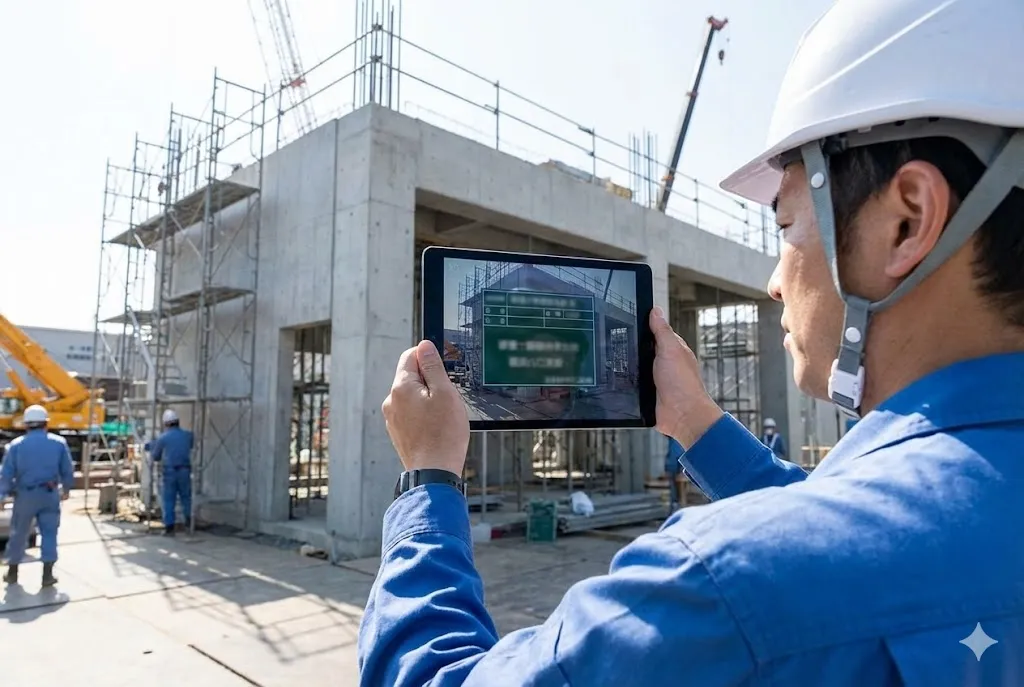 電子小黒板アプリを使用して工事写真を撮影する現場監督