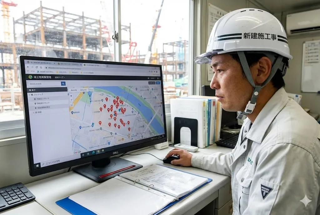 パソコンの管理ソフトで工事写真の位置情報を確認する担当者