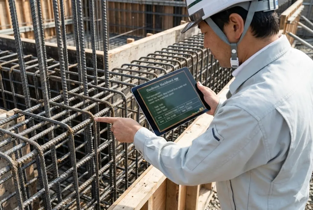 タブレットの電子小黒板機能を使用して鉄筋工事の状況を撮影する現場監督