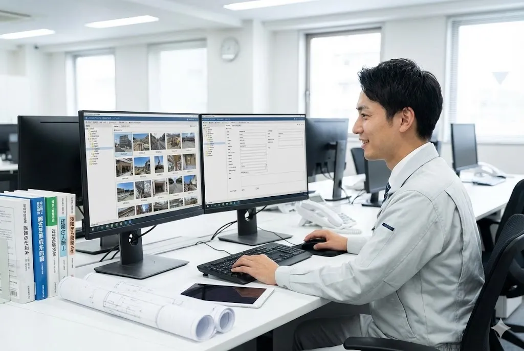 工事写真台帳作成ソフトを使用してオフィスで効率的に作業する建設業の男性