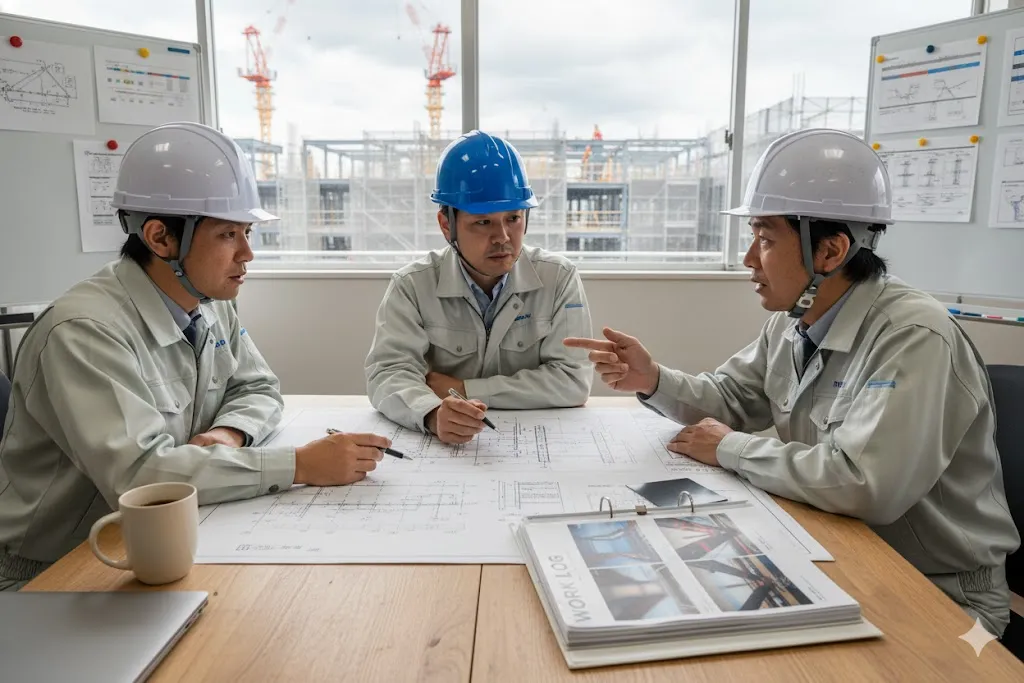 施工計画書を囲んで打ち合わせをする現場監督と作業員