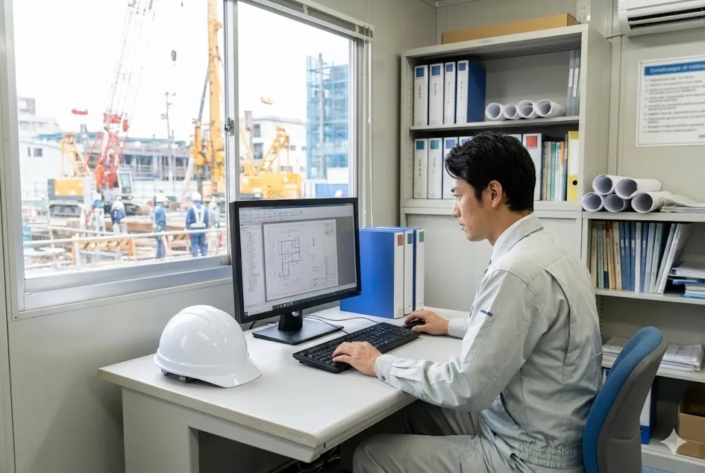 建設現場事務所でパソコンを使用して電子納品データを確認する現場監督の様子