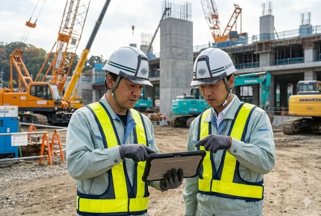 建設現場でタブレット端末を用いて電子納品データの確認作業を行う作業員たち