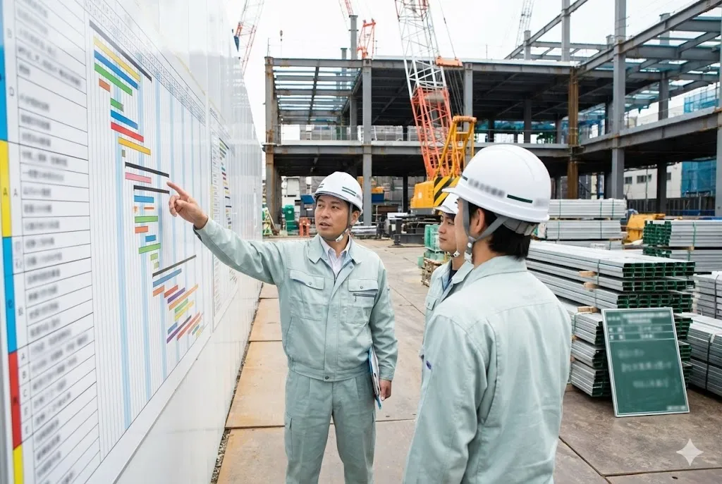 建設現場で工程表を確認しながら打ち合わせをする現場監督と作業員