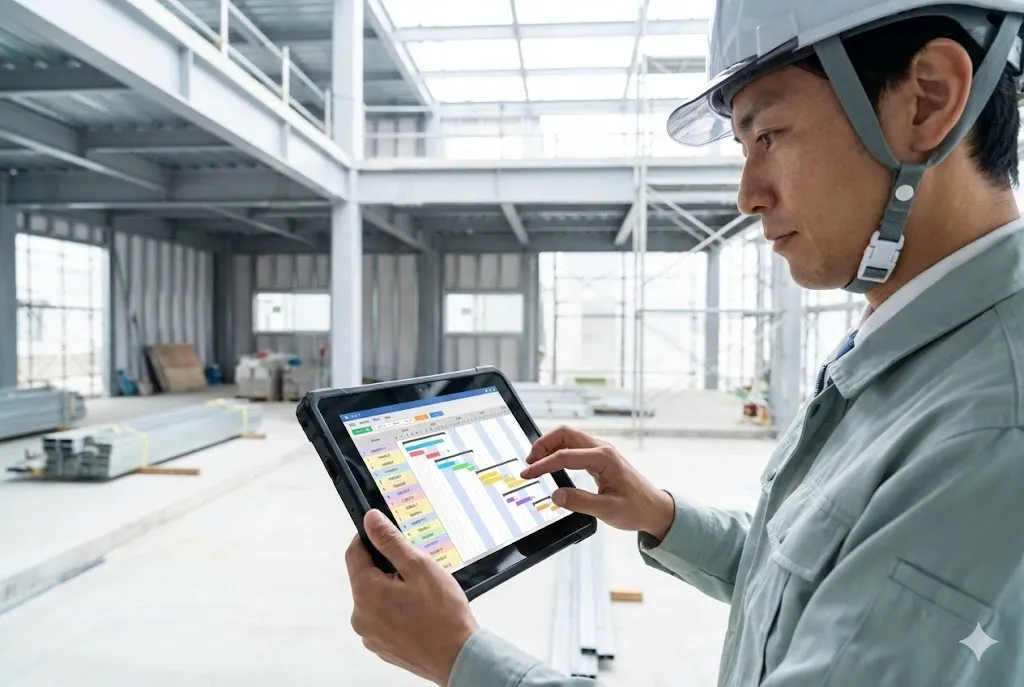 建設現場でタブレット端末を用いて工程管理システムを操作する様子