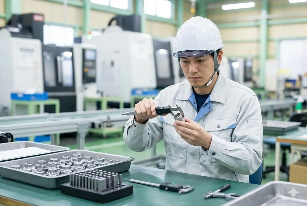 製造ラインで金属部品を目視検査する作業員