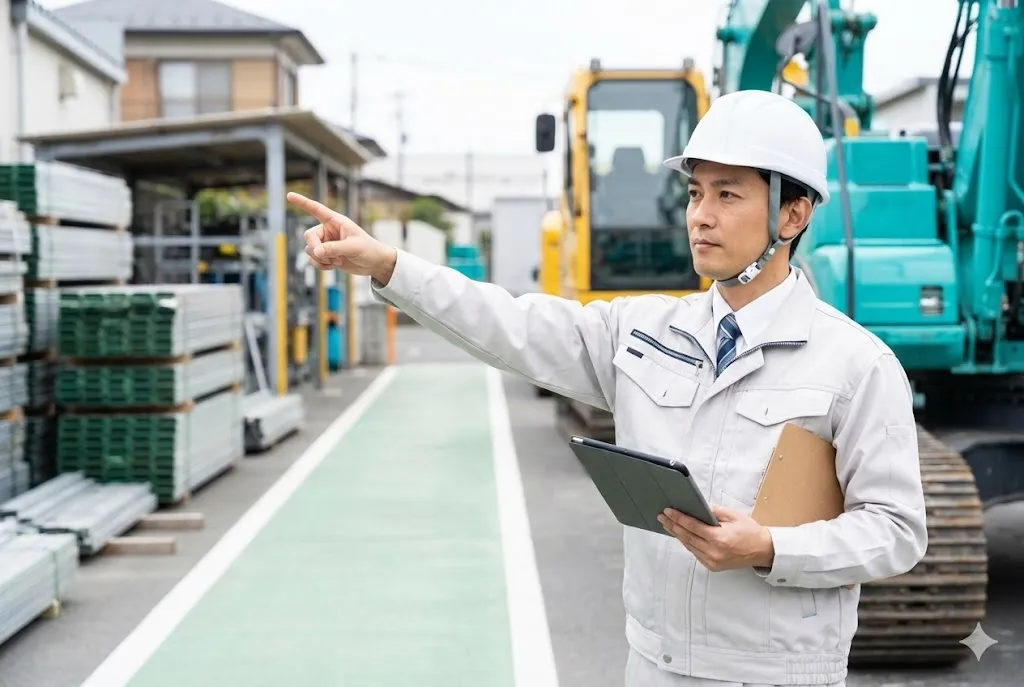 工場内でタブレットを用いて指差し確認を行う安全管理者