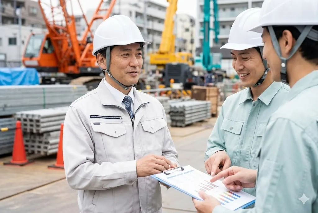 現場作業員と笑顔で対話し安全について確認し合う安全管理者
