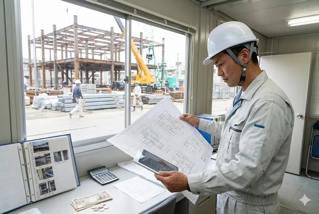 図面と資材を確認しながら原価管理を行う現場代理人