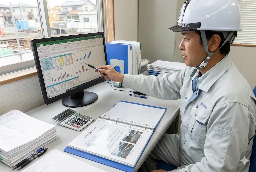 パソコンで原価管理データや工事台帳を分析しPDCAサイクルを回す様子
