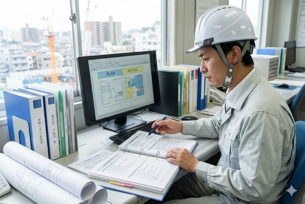 オフィスで施工計画書やチェックリストを確認する施工管理者