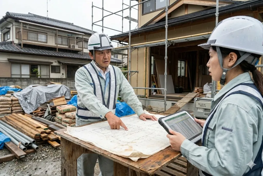 建設現場で図面を確認しながら協議する監督と担当者