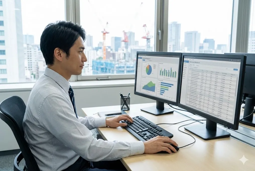 オフィスで調達管理システムを操作する建設業の担当者