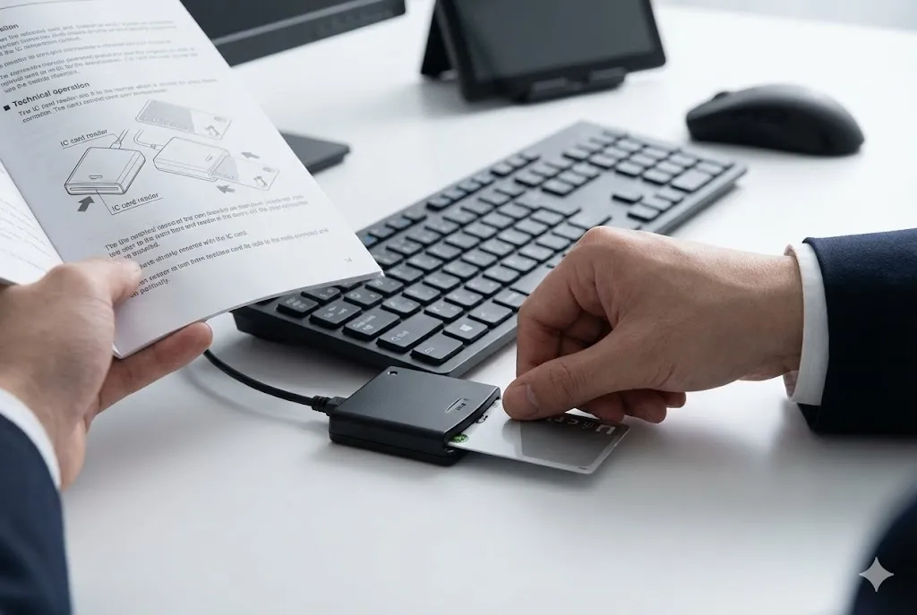 ICカードリーダーにカードを挿入し電子入札システムへログインする準備の様子