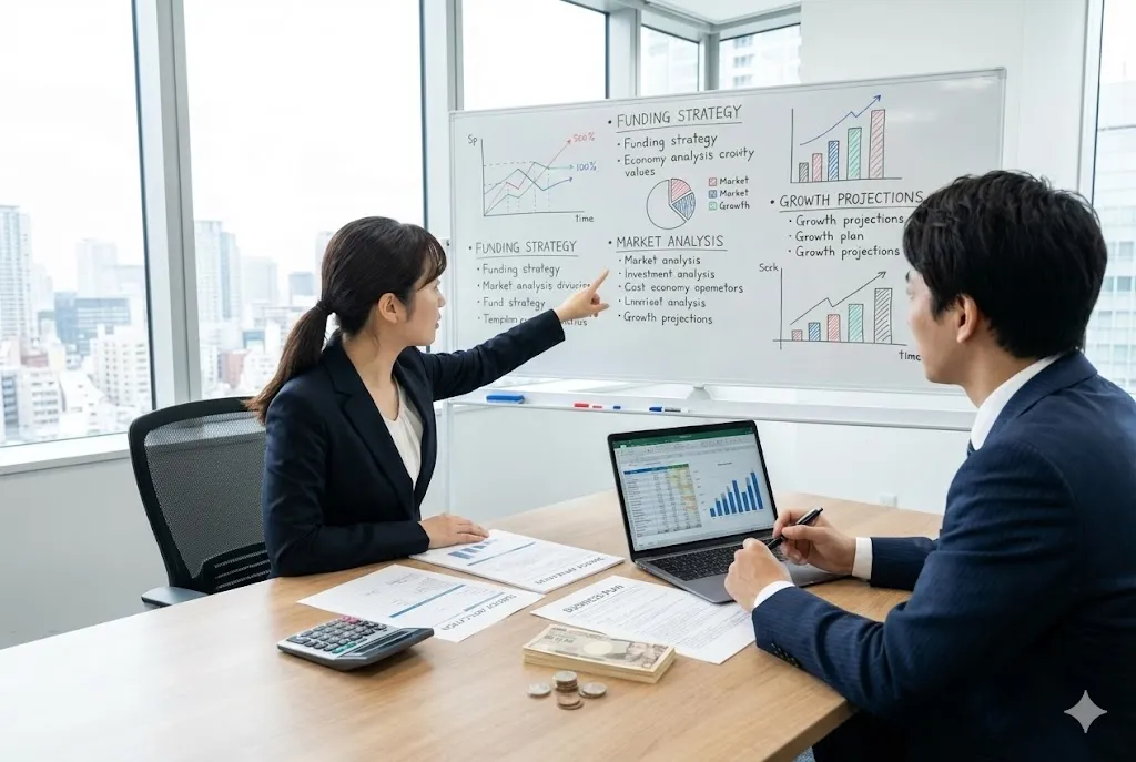 事業計画書の作成に向け、グラフやデータを分析しながら議論するビジネスパーソン