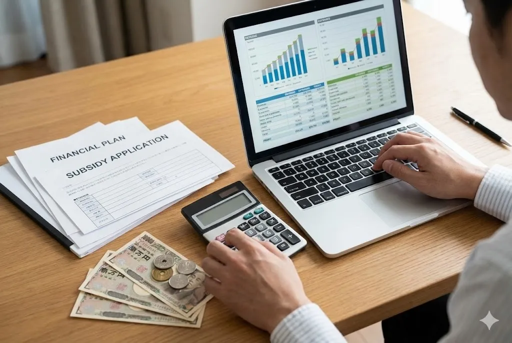 補助金申請に向けて収支計画の計算と書類確認を行う様子